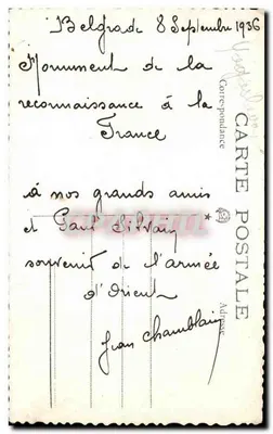 Monumento de reconhecimento à França — Belgrado — Correspondência de Jean Chaumblay — Verso