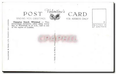 El cambio de guardia, Whitehall, Londres — Valentine & Sons Ltd, n° 72306 — Reverso