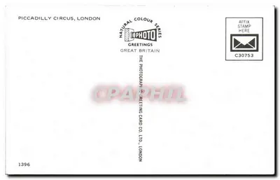 Piccadilly Circus, Londyn — animowana scena z autobusami czerwonymi i wywieszkami — The Photographic Greeting Card Co. Ltd., Londyn, nr 1396 — Rewers