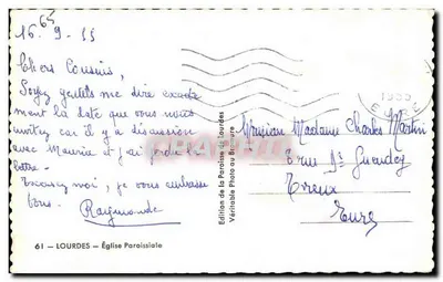 Kościół parafialny w Lourdes — widok z ulicy złożonej z sklepów — Wydawnictwo Parafii Lourdes — Rewers