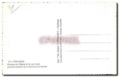 Toulouse — Torre da Igreja Nossa Senhora do Taur no fundo da Basílica de São Sernim — Éditeur 'Pyr. Océan' LAQUOUCHE F. — Verso