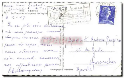 Fonte e praça do Peyra — Vence — Edições Francesas - Replicação Integral — Verso