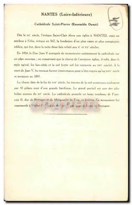 NANTES (Loire-Inférieure) — Catedral de São Pedro (Conjunto Oeste) — Coleção da Kolarsine e da Solução Pautaubege, 4e Série — Verso
