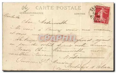 Le Port et Mt. Chevalier — vue panoramique de Cannes avec quai, bateaux et palmeraie — éditeur non visible — Verso