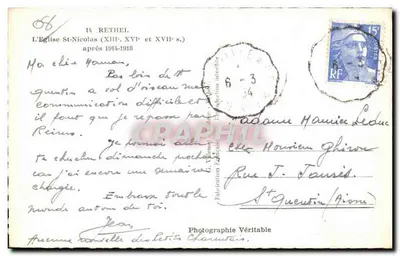 Igreja de São Nicolau de Rethel — após 1914-1918 — Fotografia Verdadeira — Verso