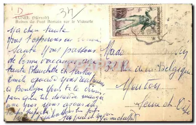 Bilhete postal antigo Lunel Ruínas do Ponte Romana sobre o Vidourle — Verso