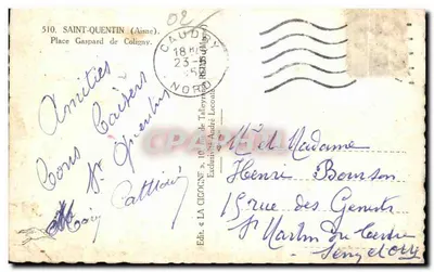 Stara pocztówka Saint Quentin (Aisne) Plac Gaspard de Coligny — Rewers