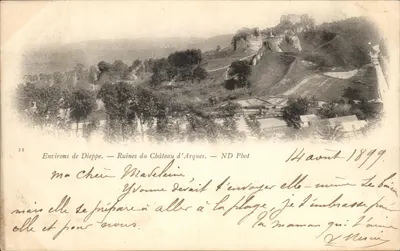 Bilhete postal antigo Environs de Dieppe Ruínas do Castelo de Arques carta 1899