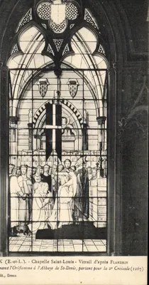 Capela São Luís — Vitral inspirado em Flandrin representando a Oriflamme na Abadia de São Denís, partindo para a 2a Cruzada (1267) — Edição Dreux