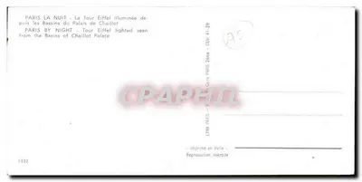 Paryż w nocy — Wieża Eiffla oświetlona z basenów Pałacu Chaillot — LYNÃ€ PARIS — Rewers