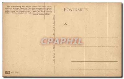 Bad Godesberg nad Rynem — widok panoramiczny z zamekiem i lasem — wydawca Astudin-Karten von Hörnsech & Bechlecht, nr 139 — Rewers