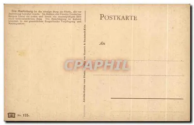 Marksburg — twierdza nad Rynem — wydawca Astaüu-Karten-Karten von Heurich & Bechstedt-Köln, nr 125 — Rewers