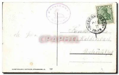 Tarjeta postal antigua Vista del chalet forestal Niöeck — vue du chalet forestier — Kunstverlag E. Hartmann, Strassburg i. E. n° 737 — Reverso