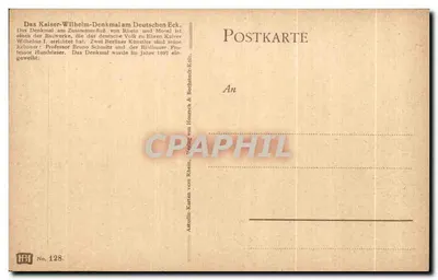 Pamiątka cesarza Wilhelma w Niemieckim Kącie — widok zbiegu Renu i Moselu — wydawca Artstudiokarten von Heurich & von Heurich, nr 128 — Rewers