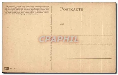 Braubach i Marksburg — widok malarski z zamkiem na górze — wydawca IBT, nr 76 — Rewers