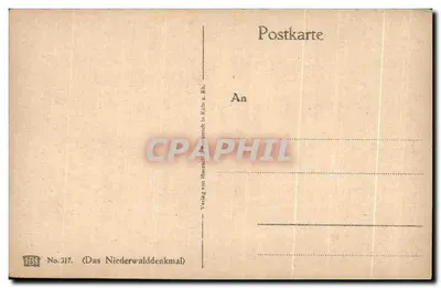 Das Niederwalddenkmal — monument surmonté d'une statue tenant un drapeau — éditeur Verlag von Honschke & Co. à Köln — Verso