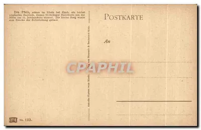 Castelo sobre a ilha do Reno — Kaub — editor H. von Haurich & Bechert, n° 133 — Verso