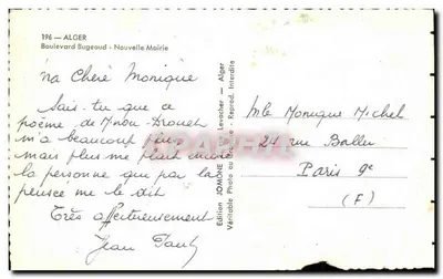 Algérie — Boulevard Bugeaud — Nouvelle Mairie — Édition JOMÔNE — Verso