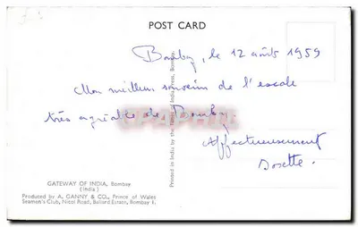 Portão da Índia — Bombaim — Produzido por A. GANNY & CO., Prince of Wales Seamen's Club, Bombaim — Verso