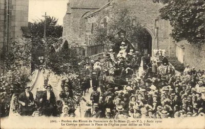 Perdão das Flores de Pommiers de St-Méen (I.-et-V.), 7 de Agosto de 1910 — O Cortejo saindo da Praça da Igreja para desfilar pela Cidade