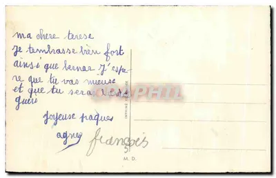 Kaczuszki Wielkanocne — Kaczuszka na rowerze ciągnąca wózek z jajkami — wydawca M. D. (Francja) — Rewers