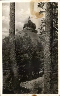 Zamek na skałach — widok ramowany przez pnie drzew — Hôtel Christophe, Dambour