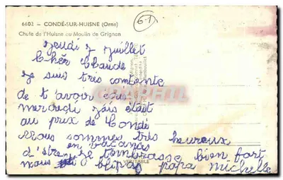 Bilhete postal antigo Conde Sur Huisne Queda de I Huisne do Moulin de Grignan — Verso