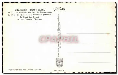 Chamonix - Mont Blanc — Kolej Montenvers, Morze lodowe, Wielkie Jorasse i Wielkie Charmoz — wydawca IRIS — Rewers