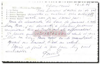 Hyères-Les Palmiers — vista panorâmica com palmeiras e edifícios — editor Mary, n°5 — Verso