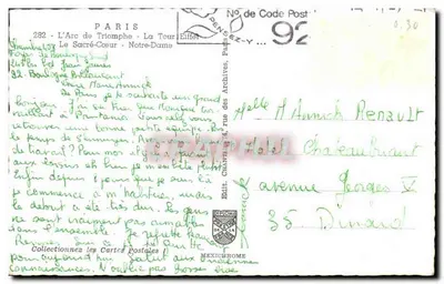 Paryż — Arc de Triomphe, Wieża Eiffla, Sacré-Cœur, Katedra Notre-Dame — Wydawca Diplôme de la MEXICHROME — Rewers