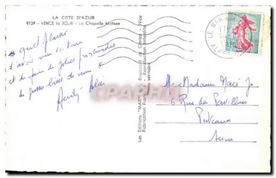A Capela Matisse em Vence — Costa Azul — Éditions 'MAR' Nice — Verso