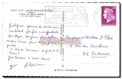 Haut Bréda 계곡과 Sept Laux — Allevard-les-Bains (Isère) — 발행사 'La Cigogne' 번호 38.006 C30 — 뒷면