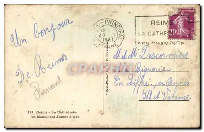Reims - A Catedral e o Monumento à Joan de Arc — Real-Photo C.A.P. P. Strasbourg, n°121 — Verso