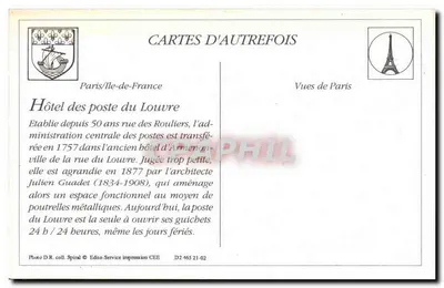 París — El Hotel de Correos, rue du Louvre — S.I. París — Reverso