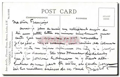 Niña con conejo en un campo florecido — Comique Art Co. — No. 4103 — Reverso