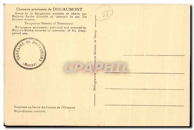 Estátua da Ressignação — Ossuário provisório de Douaumont — Madame Berthe Girardet — Verso
