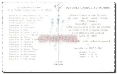 Pendulo astronômico em cristal — Executado por E. J. SENAC de Paris — Exposição no Palácio da Descoberta — Verso