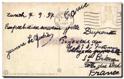 Zurych z jeziorem i Alpami — Kunstverlag A. W. Rosenzweig, nr 803 — Rewers