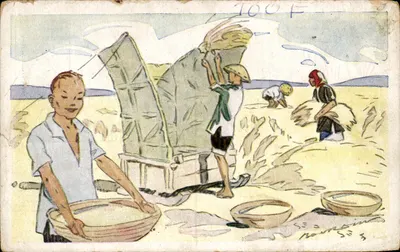 Battage du riz — scène de récolte — éditeur : LE RIZ D'INDO-CHINE, n°5