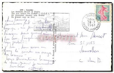 Lourdes — Chorzy przed jaskinią — Wydawca P. Doucet, n° 244 — Rewers