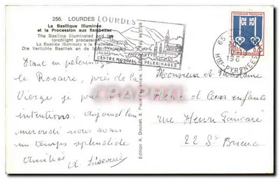 Lourdes — Zbudowana bazylika i procesja z latarniami — Wydawnictwo A. Doucet, Lourdes — Rewers