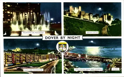 Dover à Noite — Fontes na Promenade, Castelo de Dover, Edifícios e Promenade, Doca Wellington e Porto — Dover