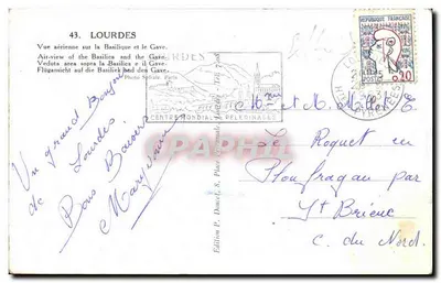 Lourdes — Widok z lotu powietrznego Bazyliki i Gave — Wydawca Edlux, n°43 — Rewers