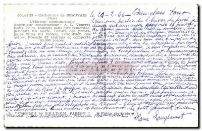 Stara pocztówka Katedra Beauvais — Monumentalny zegar — Rewers