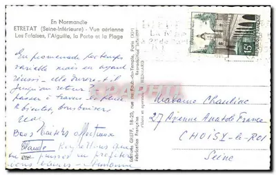 Étretat (Seine-Inférieure) — Vista aérea — As Falésias, a Agulha, a Porta e a Praia — Edições GREFF — Verso
