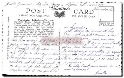 लंदन में वेस्टमिंस्टर कैथेड्रल - प्रकाशक वैलेंटाइन्स लिमिटेड - संख्या 64178 — पीछे