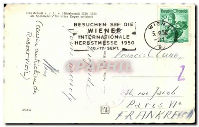 Viena, Belvedere — castelo barroco decorado com estátuas — editor PAG, n° 38 3/5 — Verso