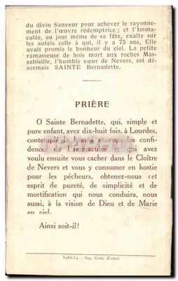Santa Bernadette Soubirous — representação religiosa — Imp. Créte, Corbeil — Verso