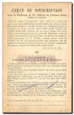 Sint Thérèse van het Kind Jezus — Antieke ansichtkaart voor de basiliek van Lisieux — uitgegeven door Arts pratiques et Faveurs aux Souscripteurs et Collecteurs — Achterkant