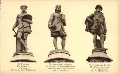 Três estátuas de Bruges — Pintores, Relógios, Comerciantes de Vinho — por A.-J. Van Rasbourgh, J. Cuypers, A. Hambresin